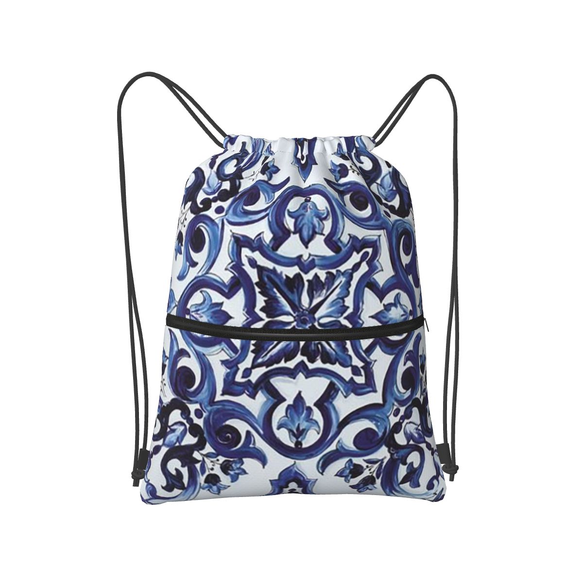 Tile Bag Drawstring - Blue Ornate Floral Mediterranean Sicilian Tile