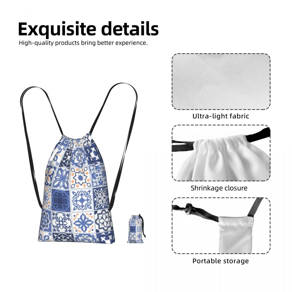 Tile Bag Drawstring - Blue Portuguese Tile Portugal Azulejo Flower
