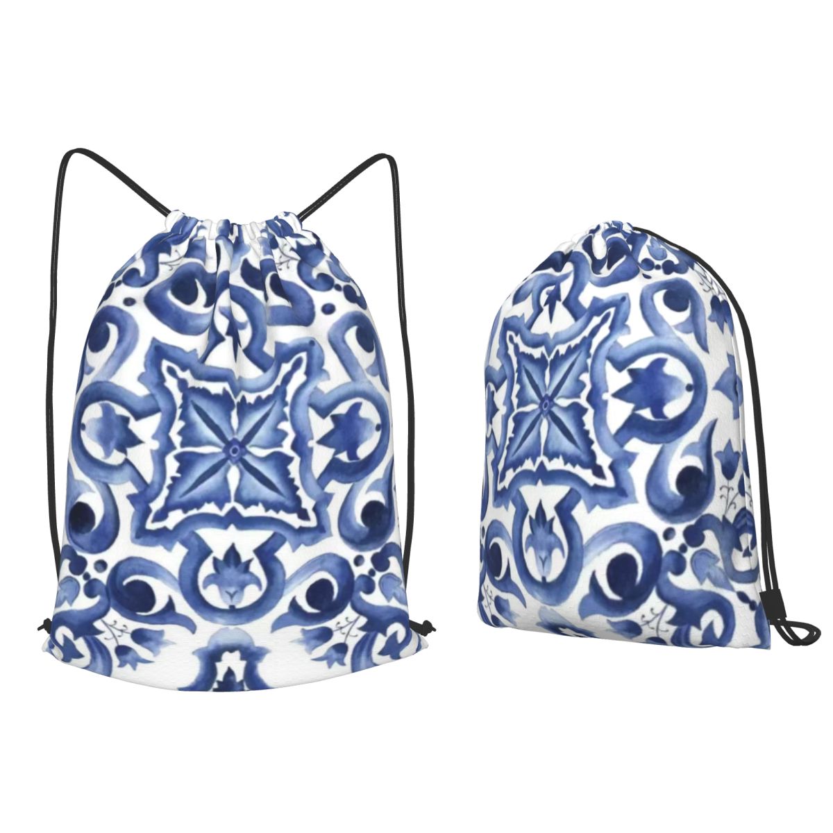 Blue Ornate Floral Mediterrane - Tile Bag Drawstring 评论和价格
