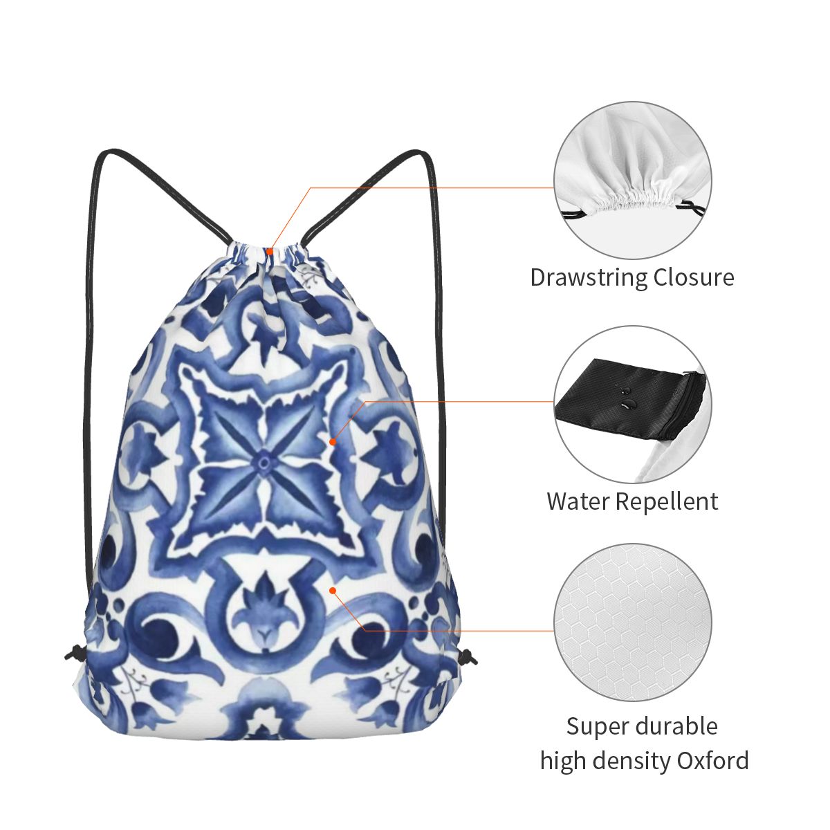 Blue Ornate Floral Mediterrane - Tile Bag Drawstring 评论和价格