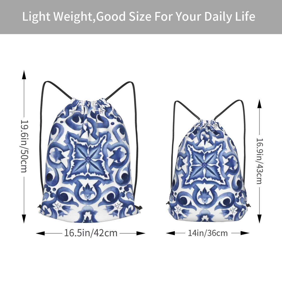 Blue Ornate Floral Mediterrane - Tile Bag Drawstring 评论和价格