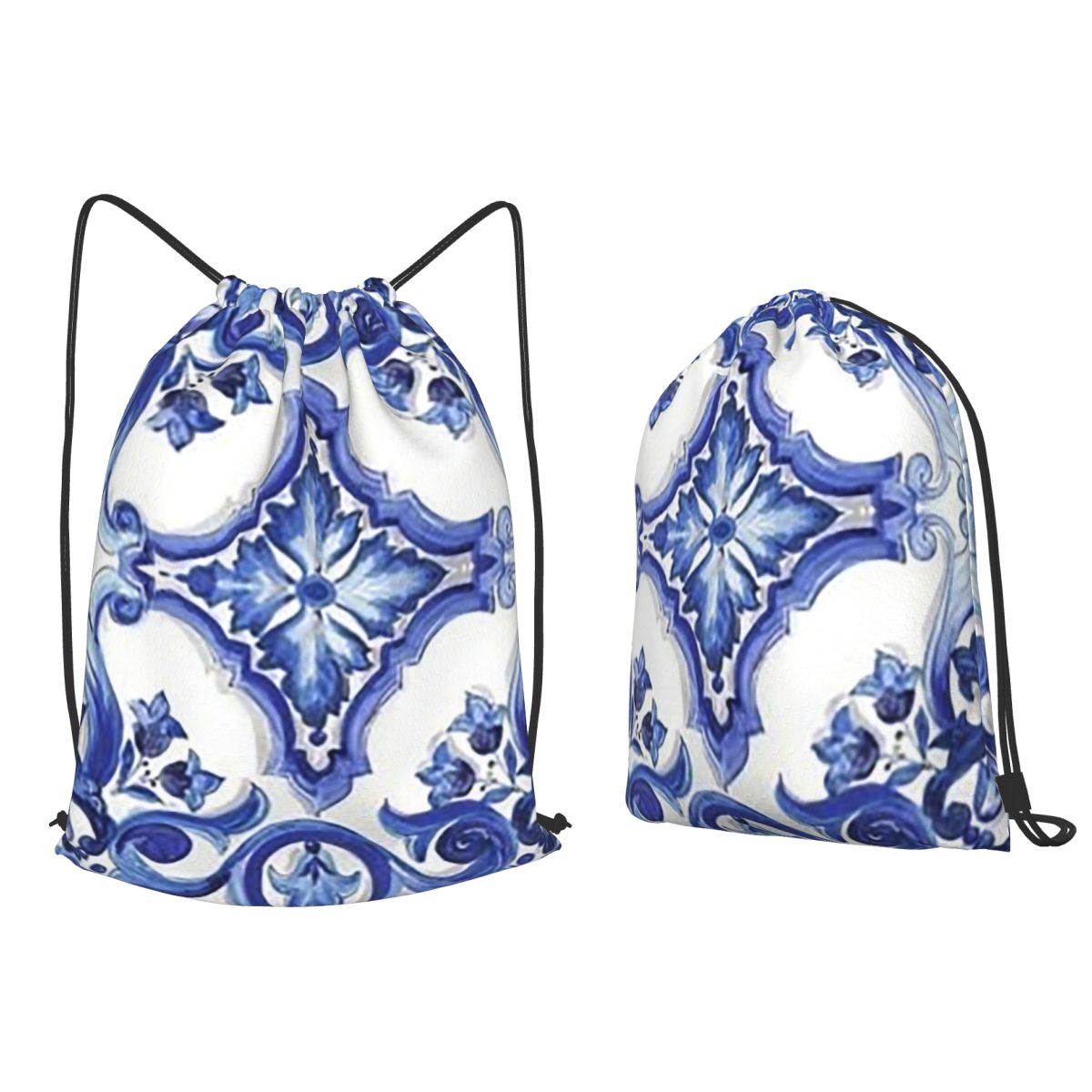 Blue Ornate Floral Mediterrane - Tile Bag Drawstring 评论和价格