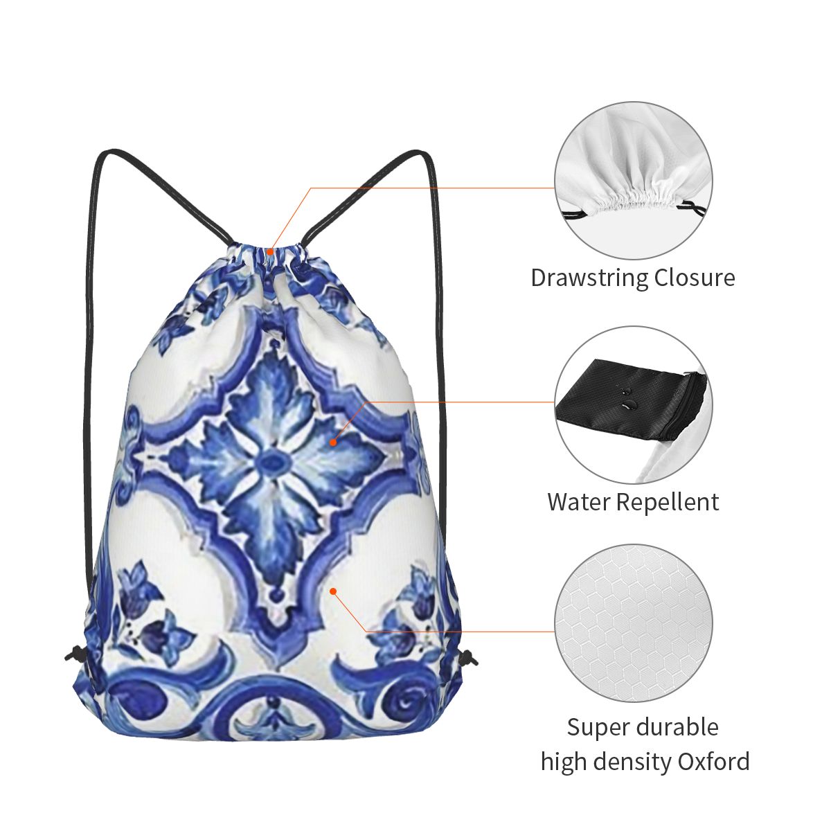 Blue Ornate Floral Mediterrane - Tile Bag Drawstring 评论和价格