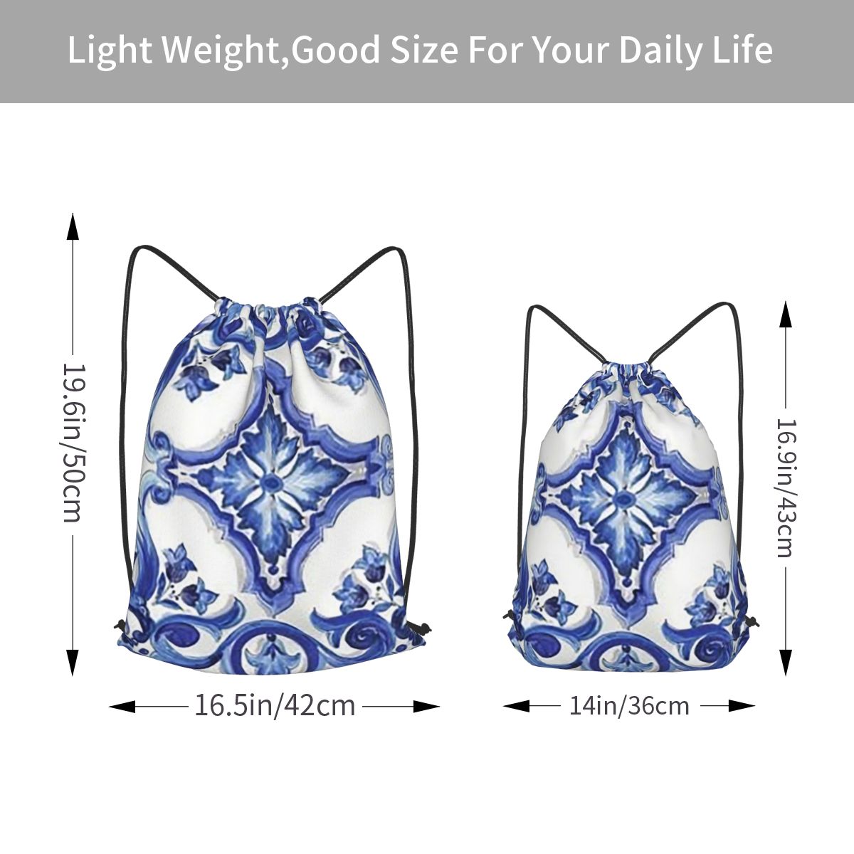 Blue Ornate Floral Mediterrane - Tile Bag Drawstring 评论和价格