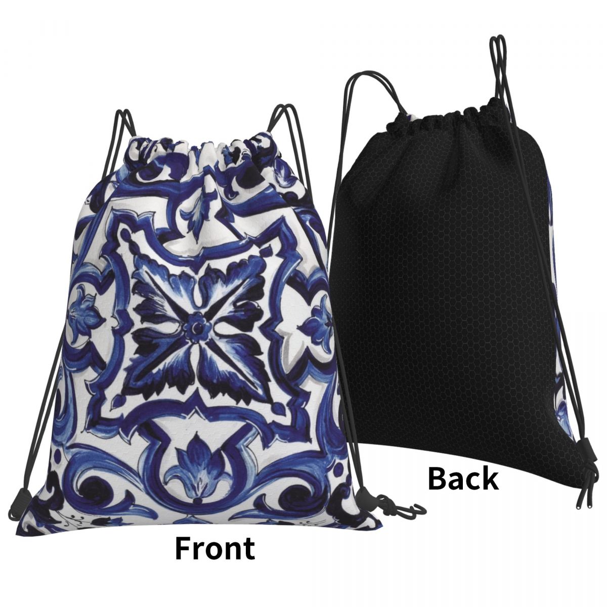 Blue Ornate Floral Mediterrane - Tile Bag Drawstring 评论和价格
