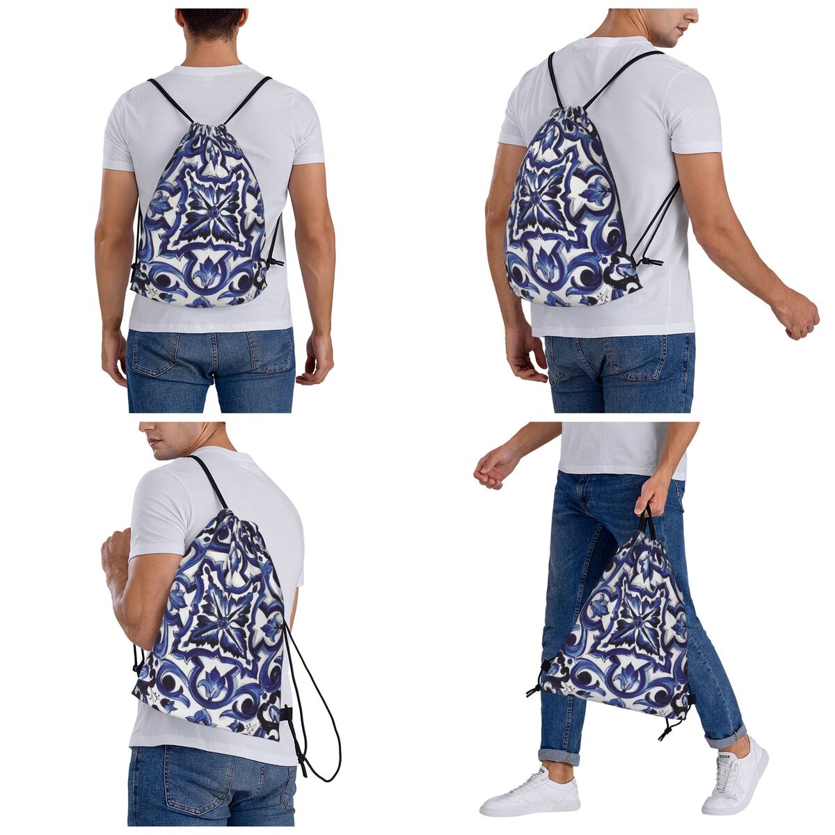 Blue Ornate Floral Mediterrane - Tile Bag Drawstring 评论和价格