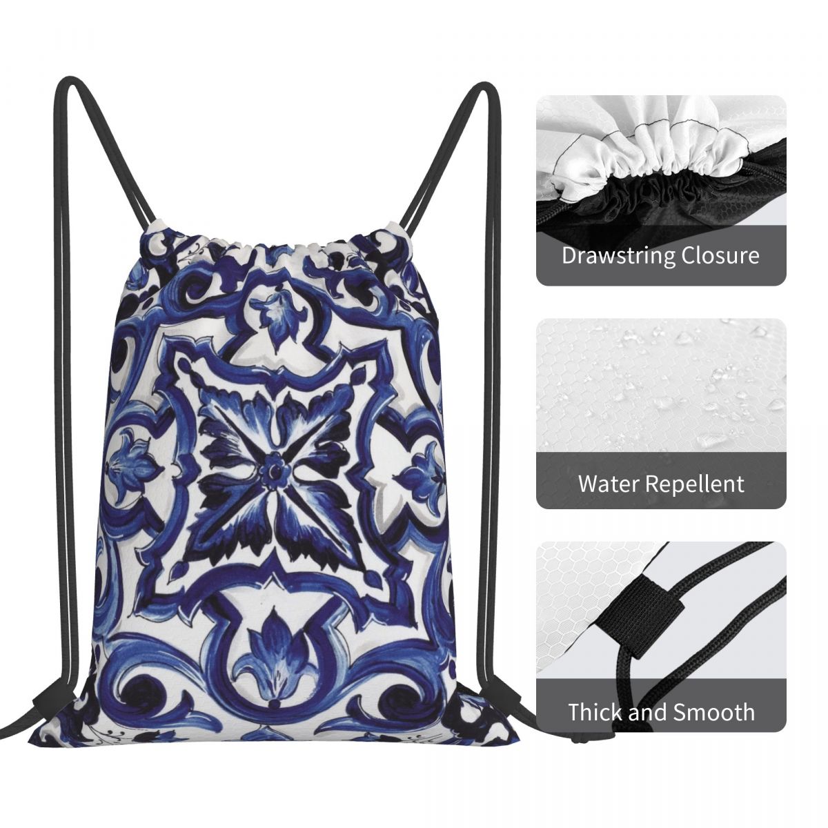 Blue Ornate Floral Mediterrane - Tile Bag Drawstring 评论和价格