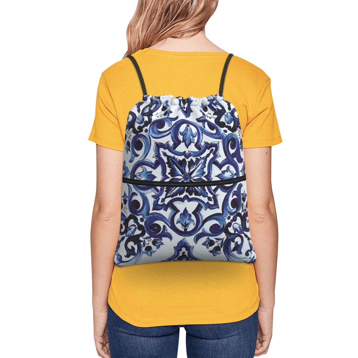 Blue Ornate Floral Mediterrane - Tile Bag Drawstring 评论和价格