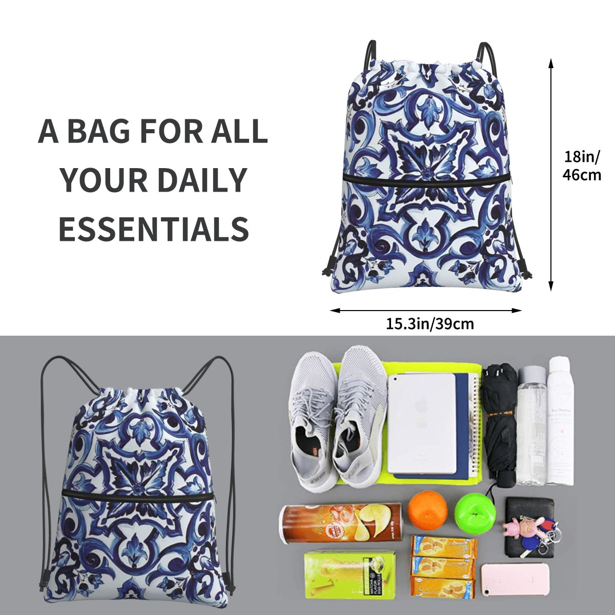 Blue Ornate Floral Mediterrane - Tile Bag Drawstring 评论和价格
