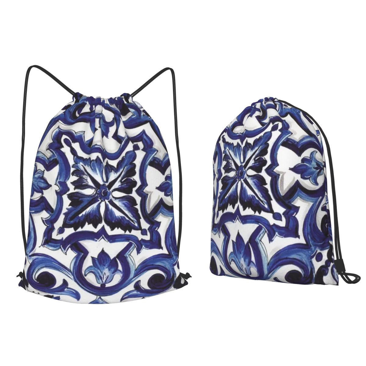Blue Ornate Floral Mediterrane - Tile Bag Drawstring 评论和价格