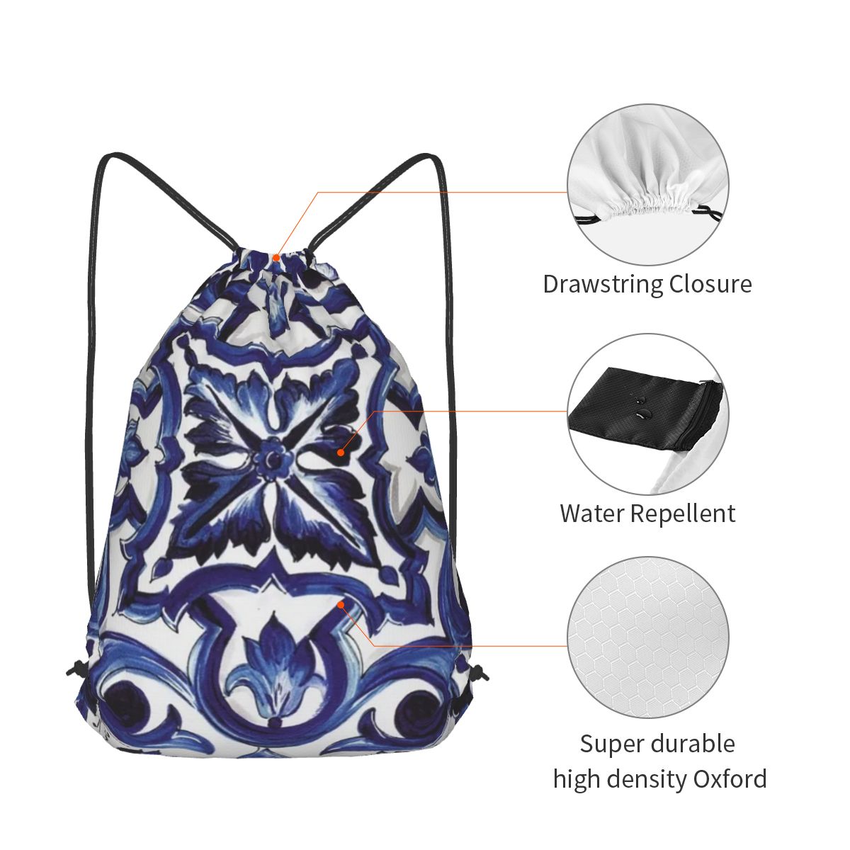 Blue Ornate Floral Mediterrane - Tile Bag Drawstring 评论和价格