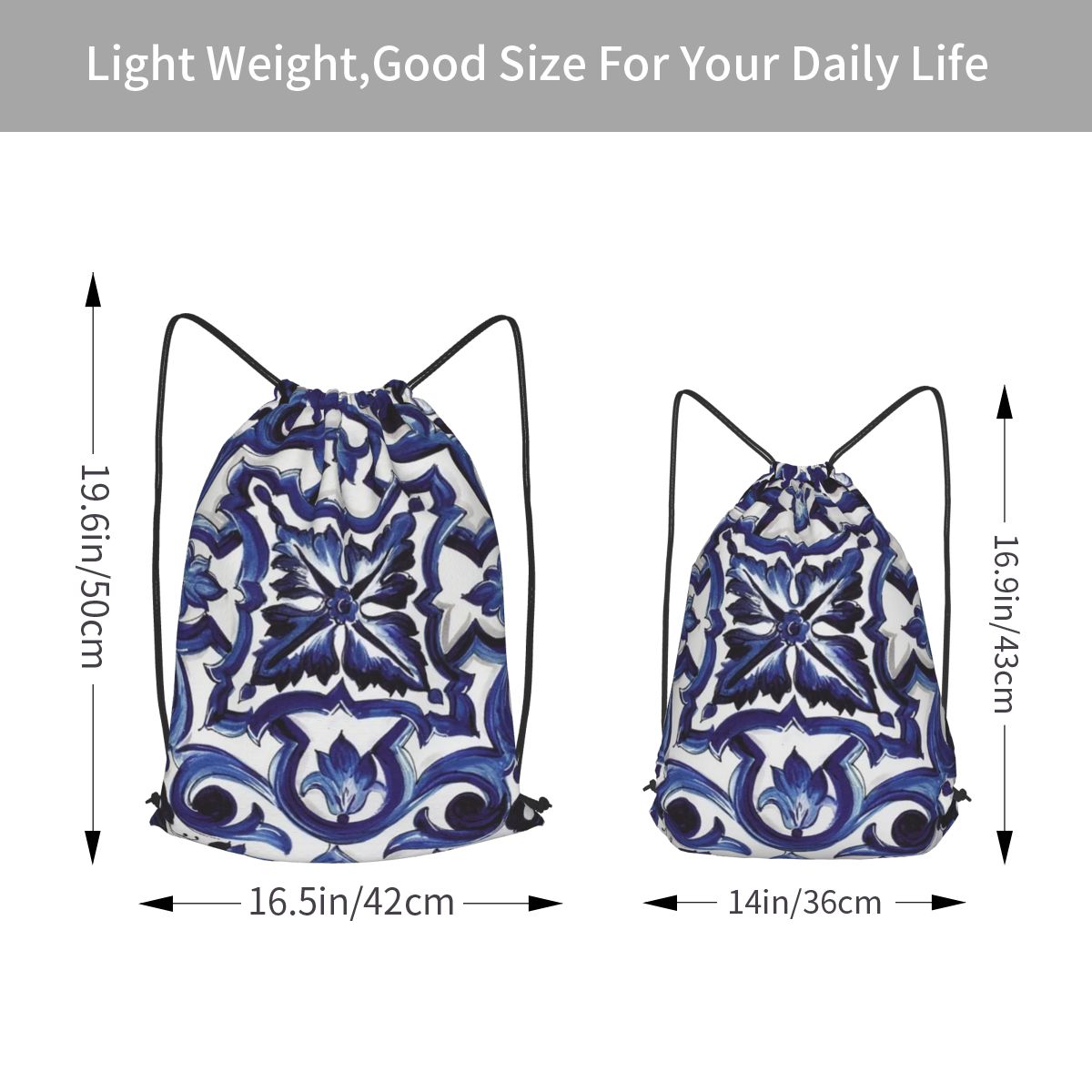 Blue Ornate Floral Mediterrane - Tile Bag Drawstring 评论和价格