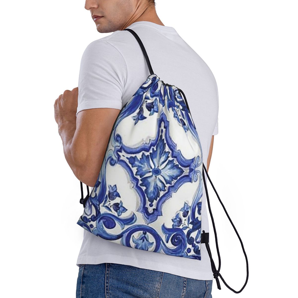 Blue Ornate Floral Mediterrane - Tile Bag Drawstring 评论和价格