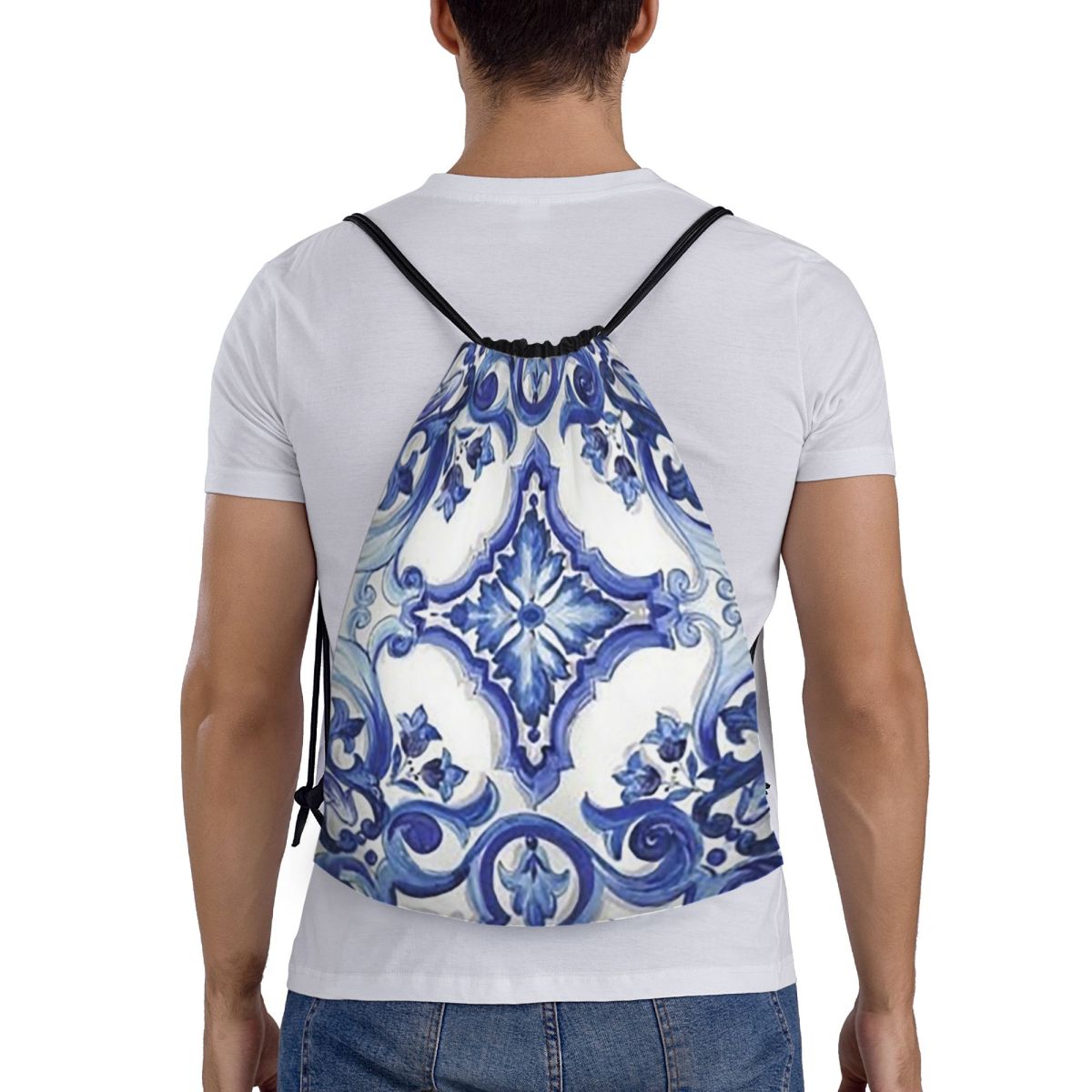 Blue Ornate Floral Mediterrane - Tile Bag Drawstring 评论和价格