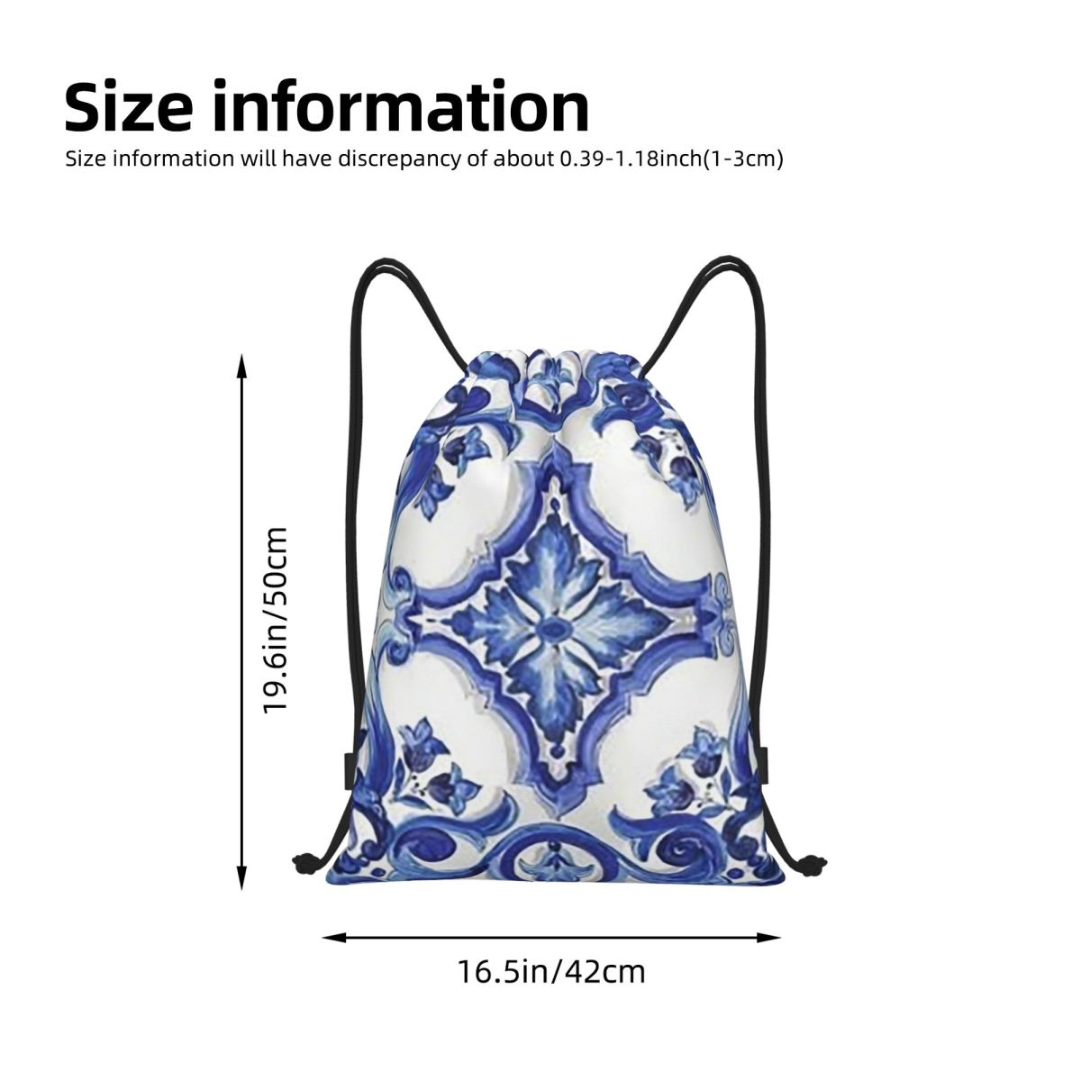 Blue Ornate Floral Mediterrane - Tile Bag Drawstring 评论和价格