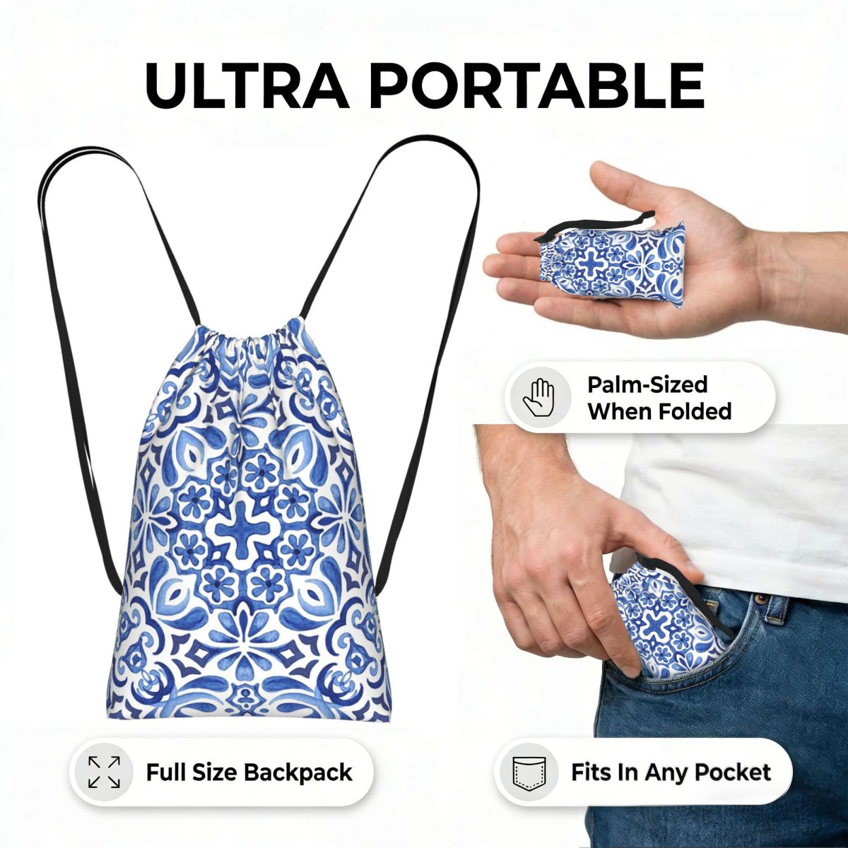 Mediterranean Mosaic Tiles Azu - Tile Bag Drawstring 评论和价格
