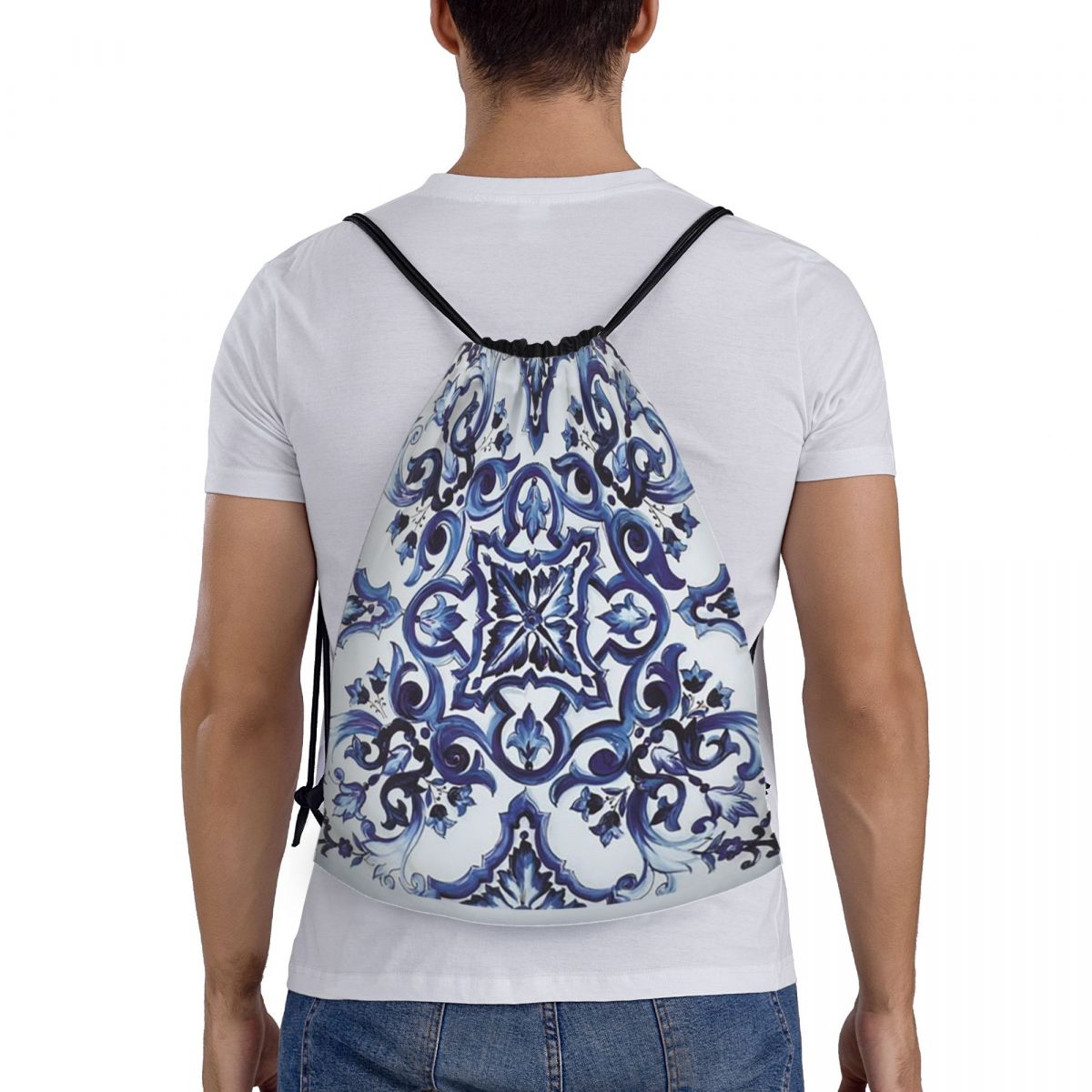 Blue Ornate Floral Mediterrane - Tile Bag Drawstring 评论和价格