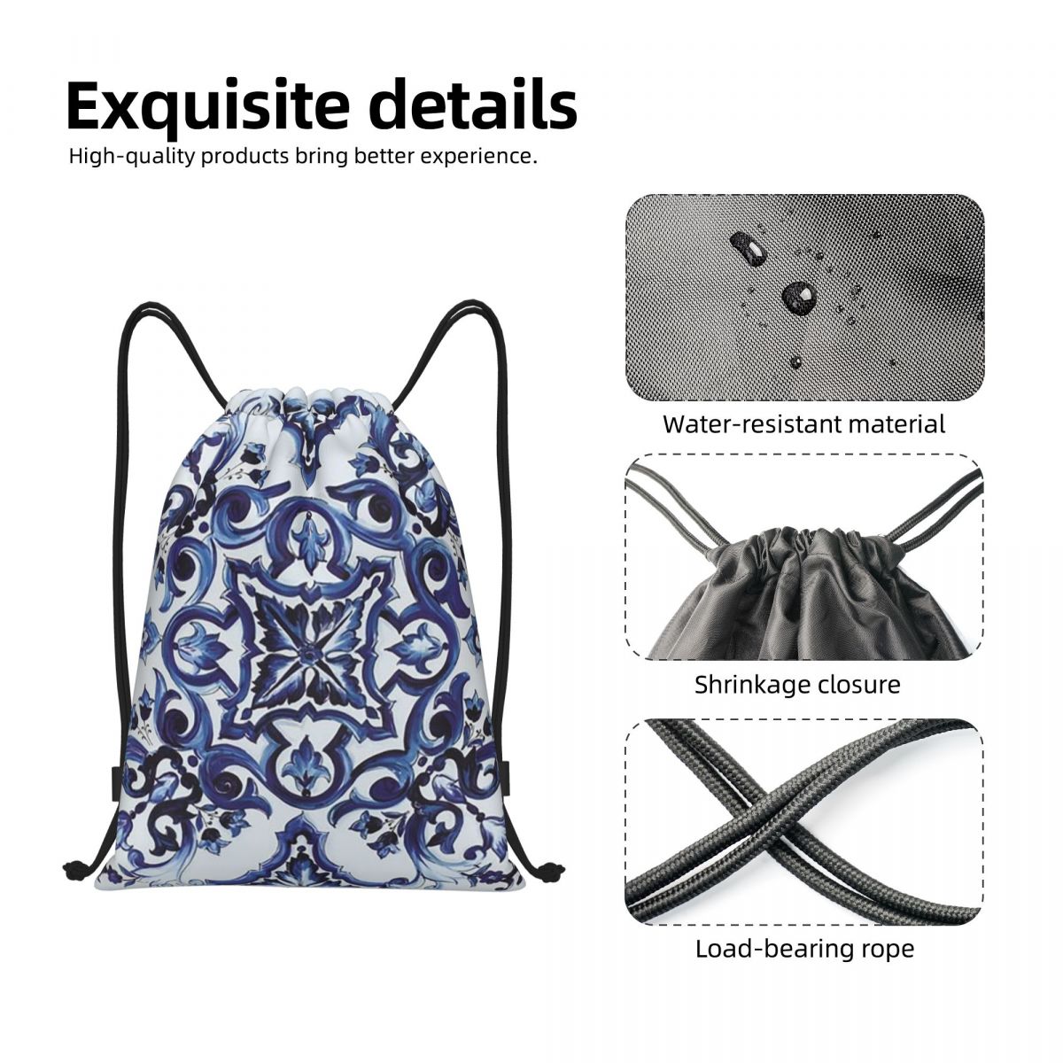 Blue Ornate Floral Mediterrane - Tile Bag Drawstring 评论和价格