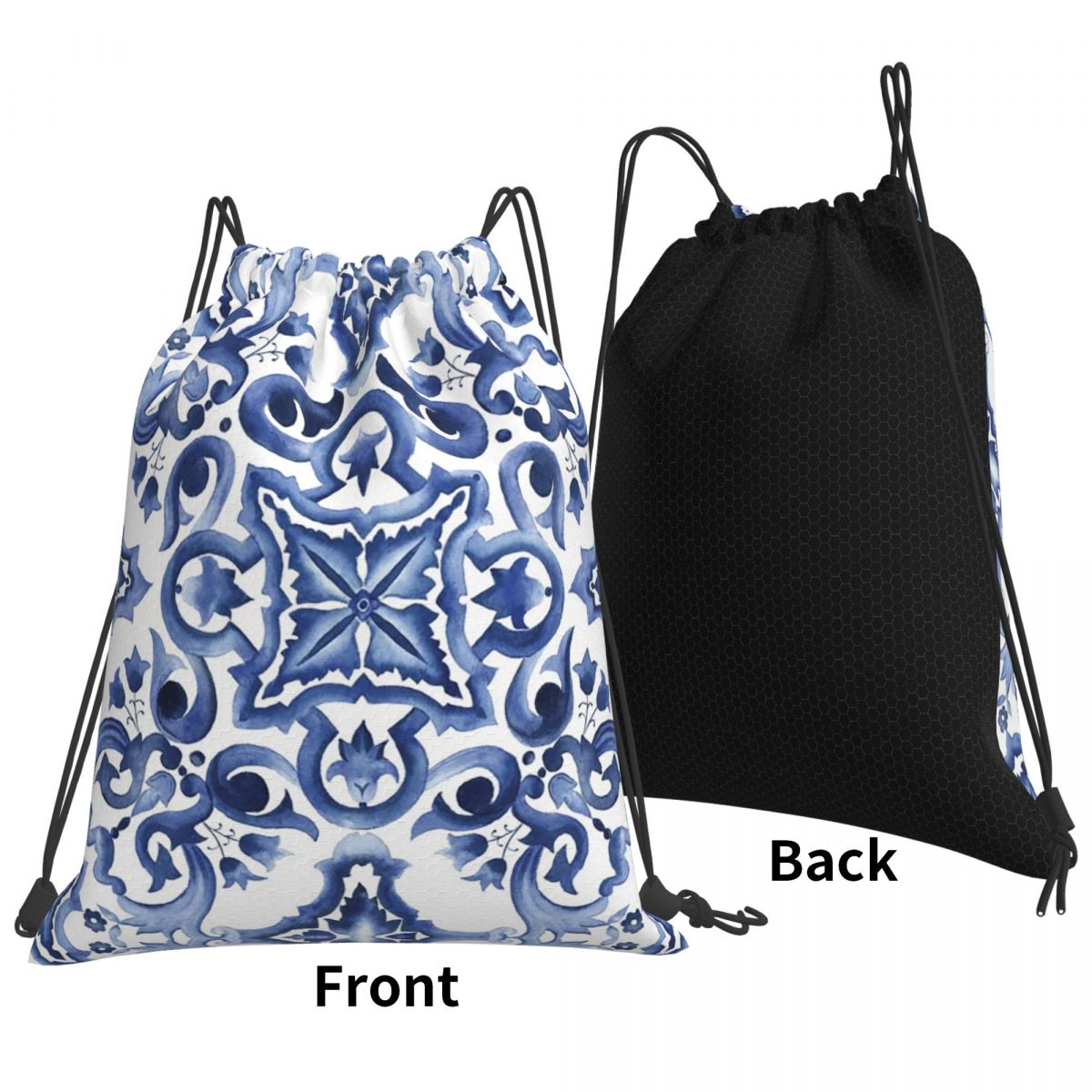 Blue Ornate Floral Mediterrane - Tile Bag Drawstring 评论和价格