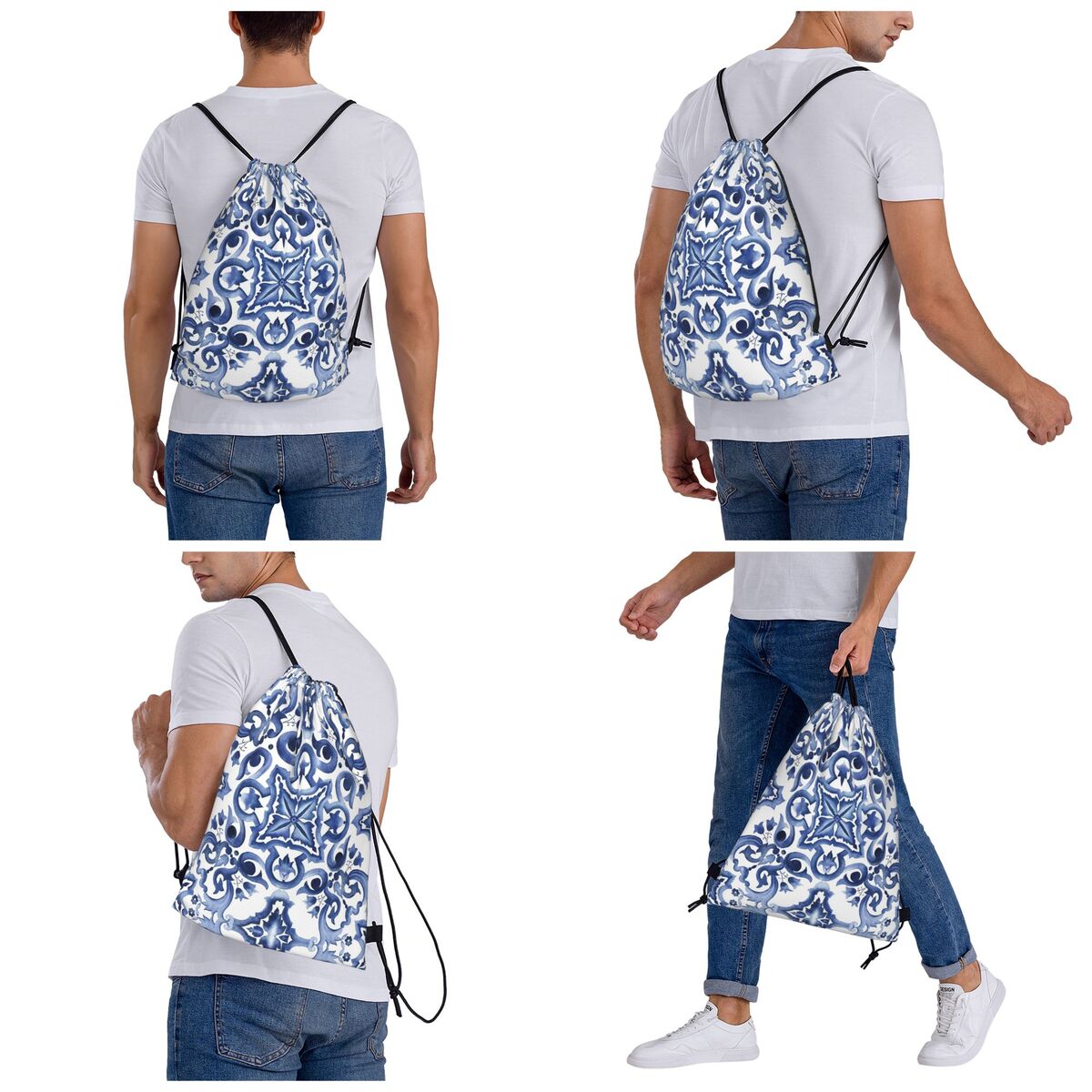 Blue Ornate Floral Mediterrane - Tile Bag Drawstring 评论和价格