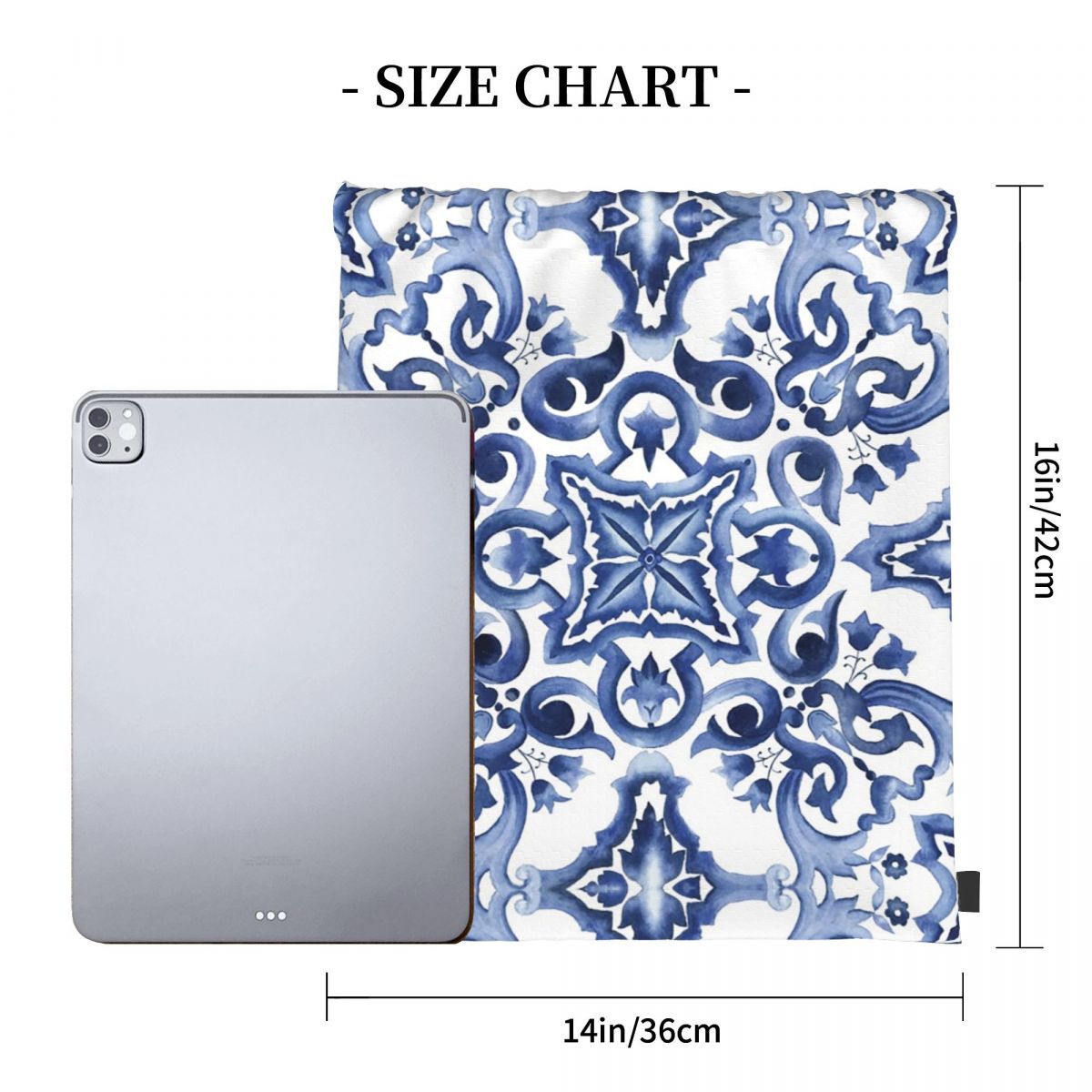 Blue Ornate Floral Mediterrane - Tile Bag Drawstring 评论和价格