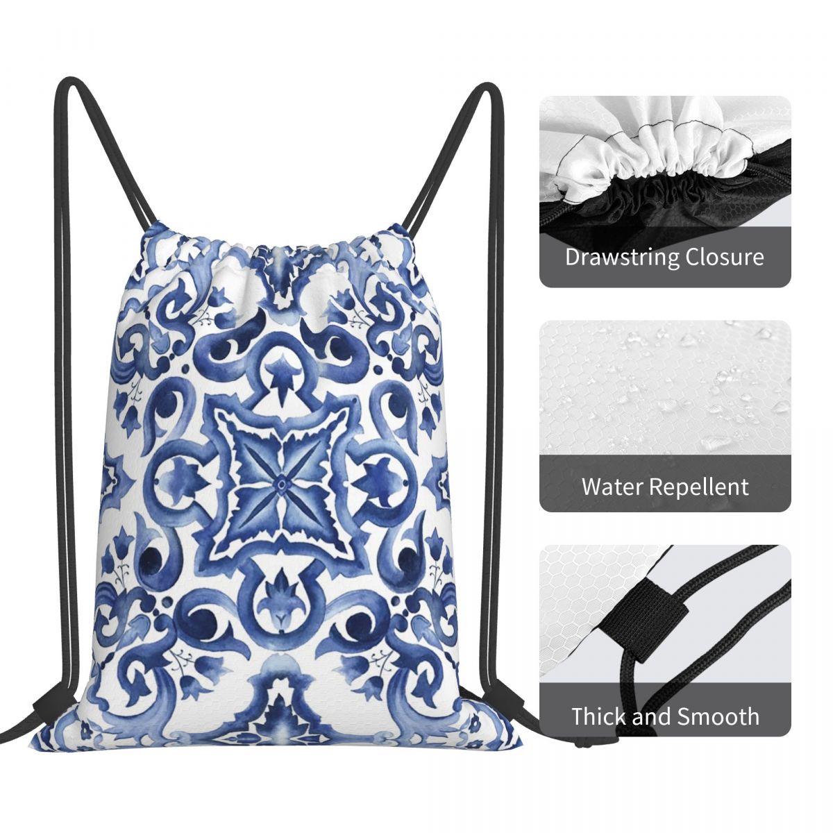Blue Ornate Floral Mediterrane - Tile Bag Drawstring 评论和价格