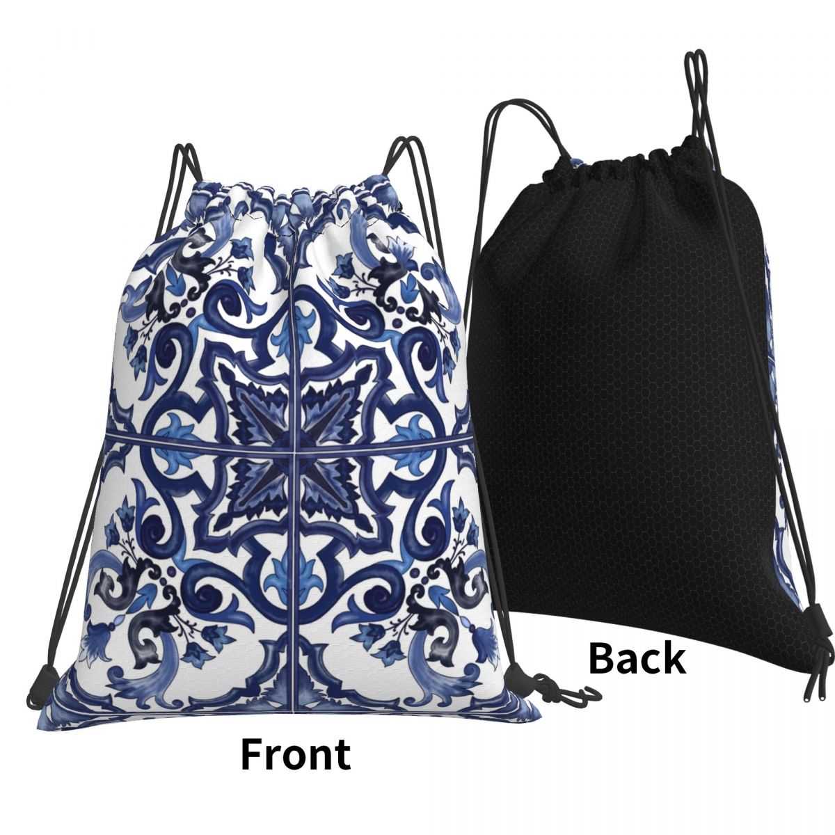 Blue Ornate Floral Mediterrane - Tile Bag Drawstring 评论和价格