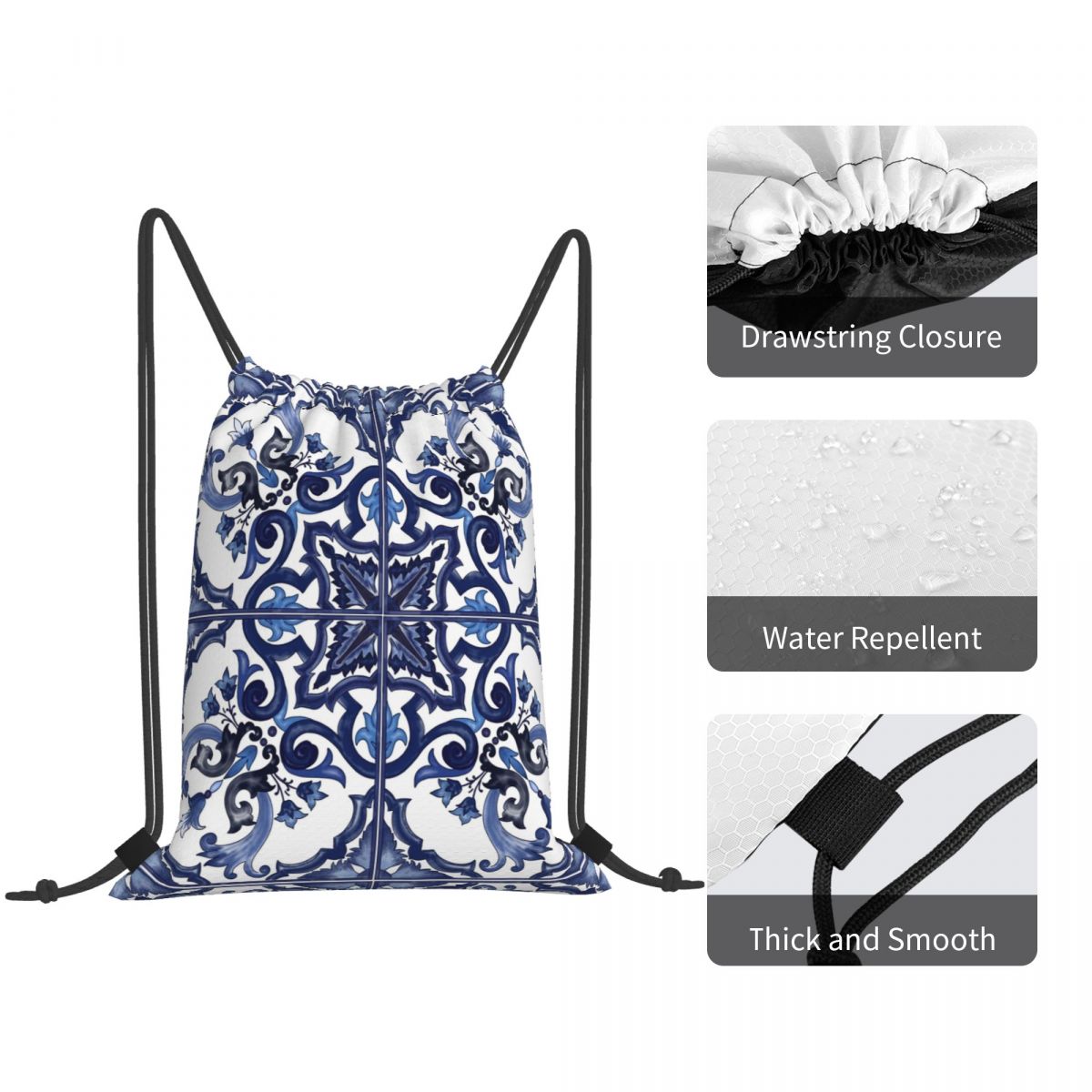 Blue Ornate Floral Mediterrane - Tile Bag Drawstring 评论和价格