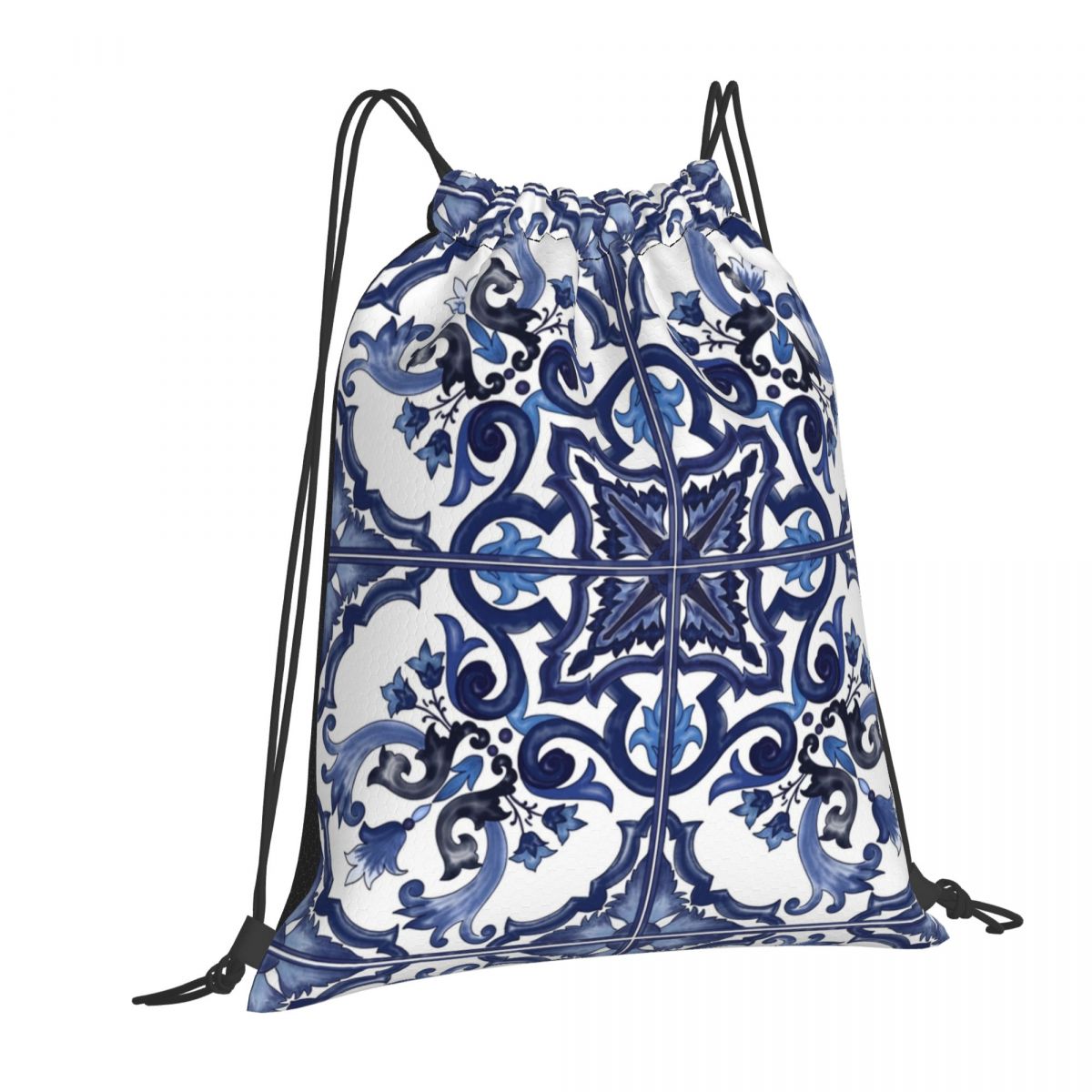 Blue Ornate Floral Mediterrane - Tile Bag Drawstring 评论和价格