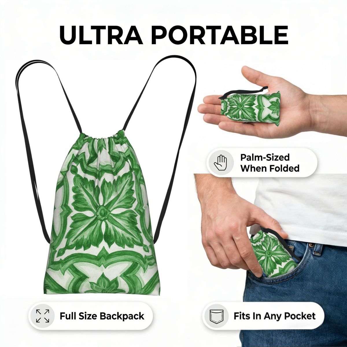 Green Ornate Floral Mediterran - Tile Bag Drawstring 评论和价格